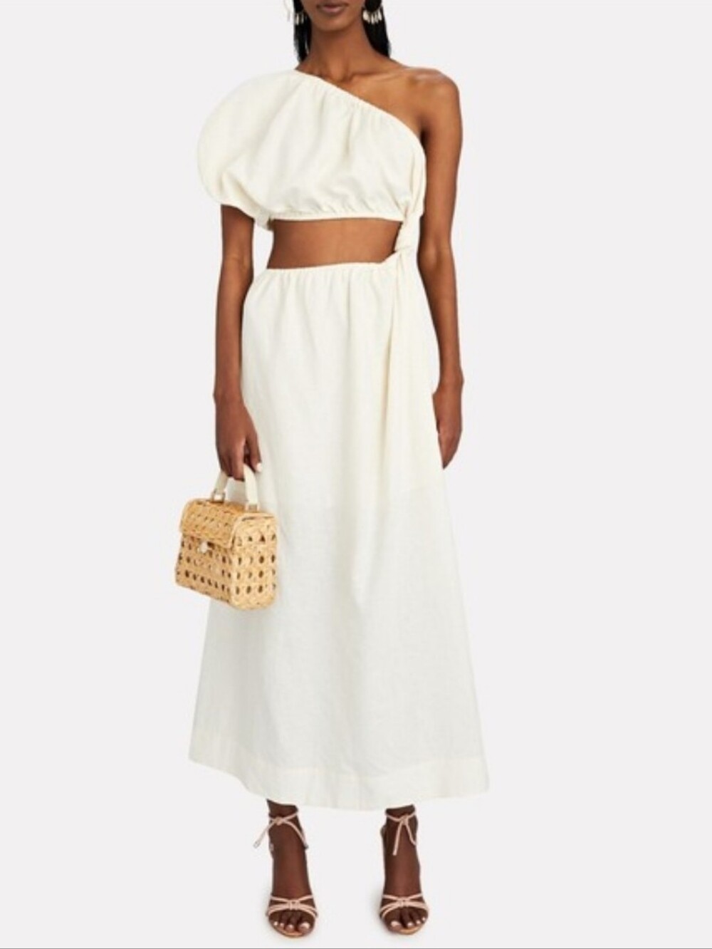 Farm Rio Linen One-Shoulder Cutout Maxi Dress.